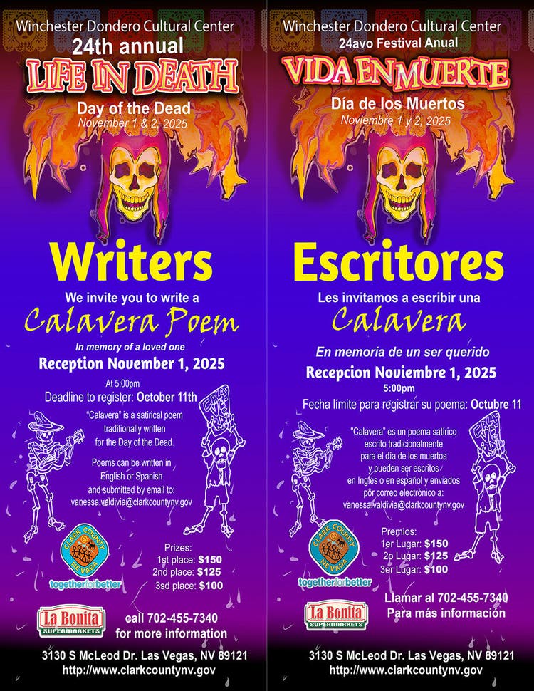 Promotional poster for the 24th annual Day of the Dead festival at Winchester Dondero Cultural Center. Features vibrant skull imagery and text inviting writers to create Calavera poems. Includes event dates, November 1–2, 2025, and submission deadline, October 11. Contact details and location are clearly displayed.
