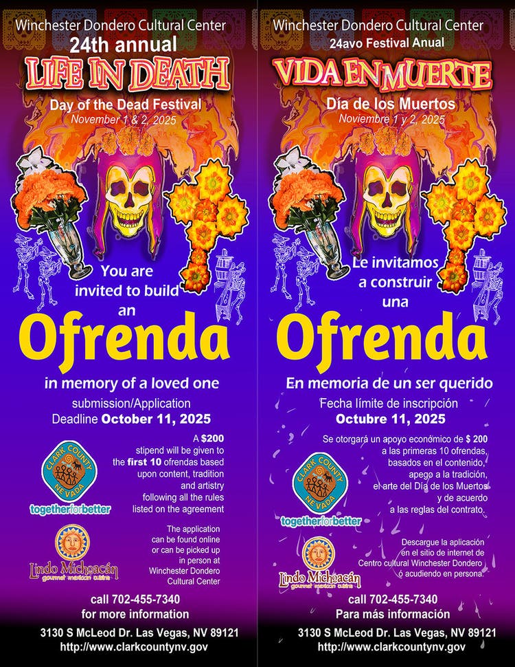 Bilingual poster for the 24th annual Day of the Dead Festival at Winchester Dondero Cultural Center. Features vibrant skull and marigold visuals with event dates, November 1–2, 2025. Includes submission deadline of October 11, 2025, and contact details for participation. Promotes building an 'Ofrenda' in memory of loved ones.