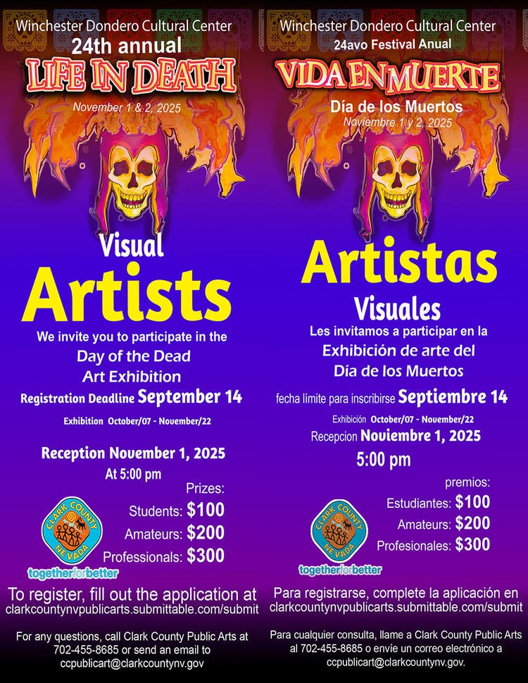 Promotional poster for the 24th annual 'Life in Death' and 'Vida en Muerte' art exhibition at Winchester Dondero Cultural Center. Event dates are November 1–2, 2025, with a reception on November 1 at 5:00 PM. Registration deadline is September 14, and entry fees range from $100 to $300. The design features vibrant flames and bilingual text in English and Spanish.